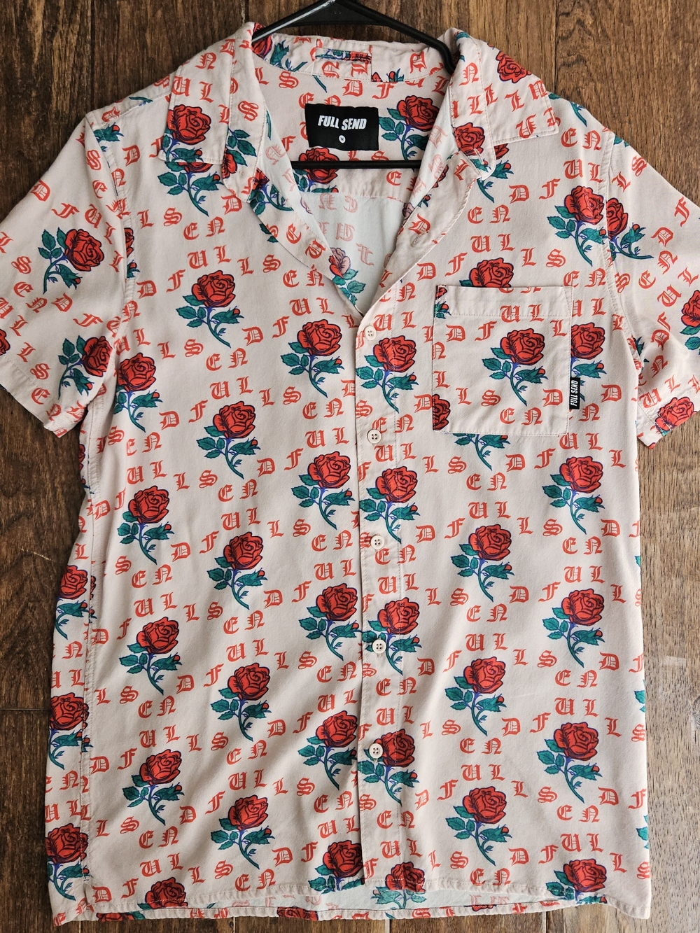 Men's FULL SEND Button-Down Shirt with Red Rose Print - Picture 2 of 6